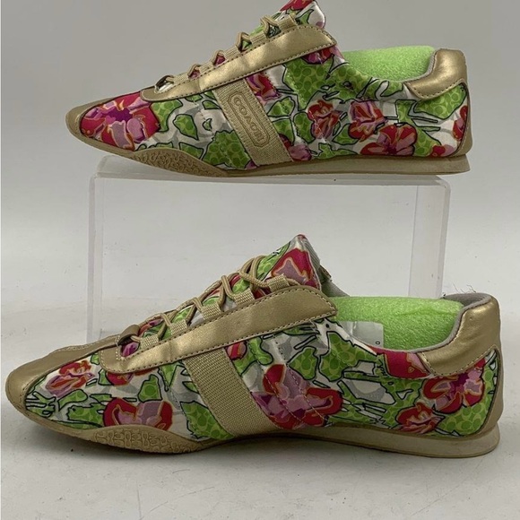Coach Kirby Gold Tone Floral Multi-Colored Signature Logo Sneakers - Picture 1 of 5